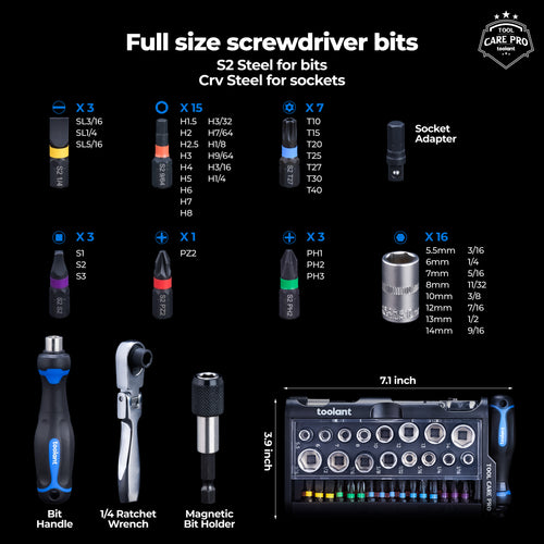 toolant Mini Ratchet Wrench Set 52pcs with Sockets and Screwdriver Bits