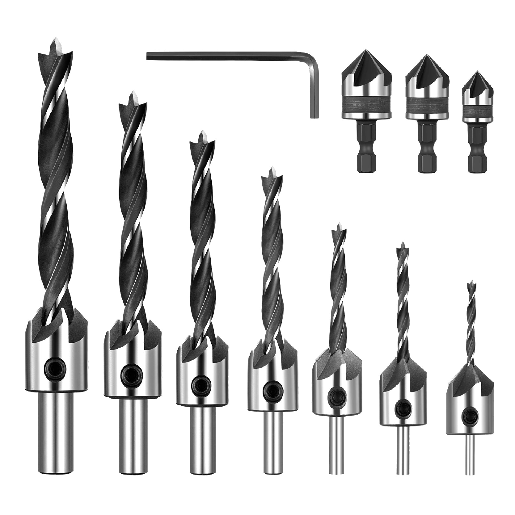 Applicable to plywood, soft metal, plastics, fiberboard, wood planks, particleboard, High Carbon Steel Countersink Drill Bits Set, Double Flutes, for Woodworking