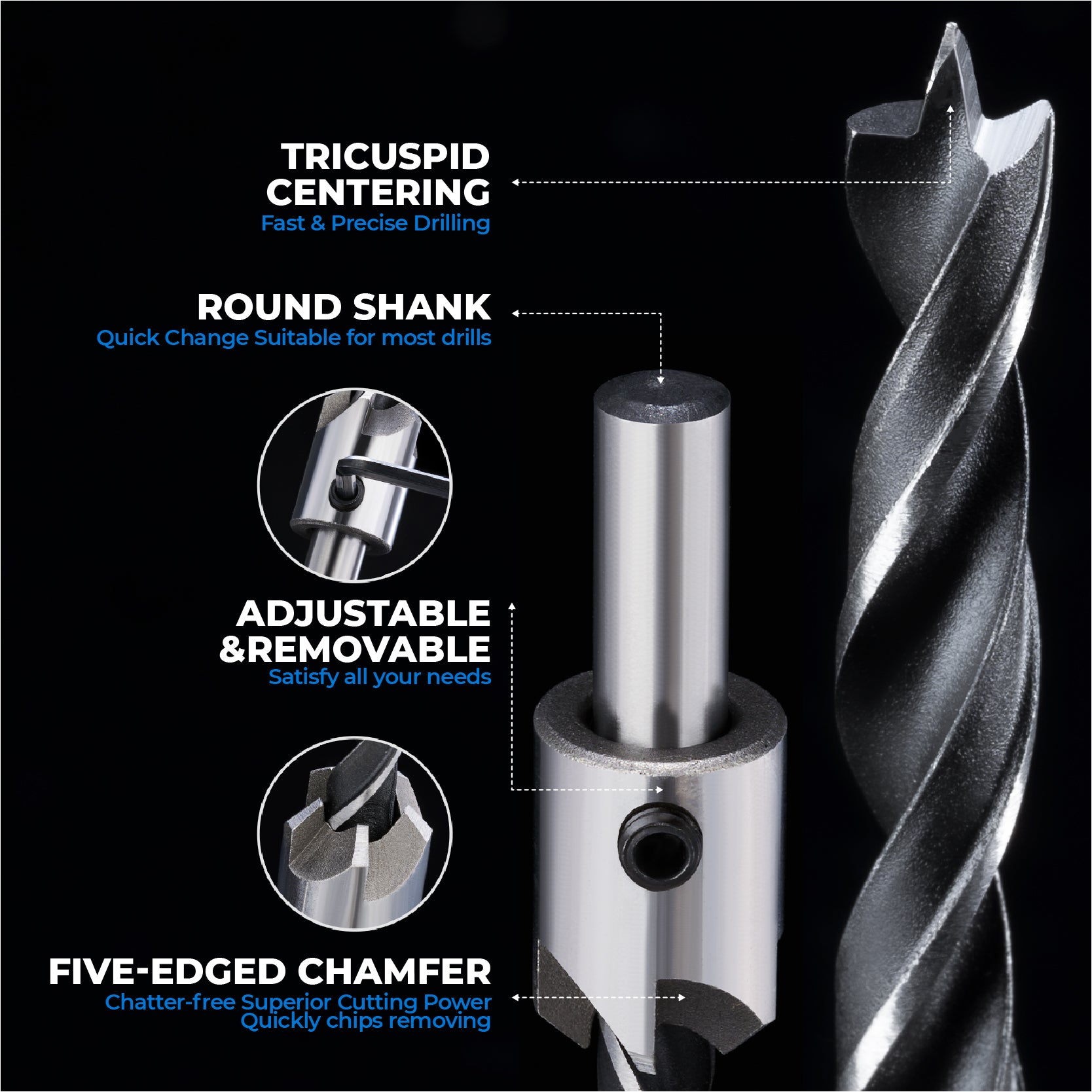 High Carbon Steel Countersink Drill Bits Set, Double Flutes, for Woodworking with tricuspid centering