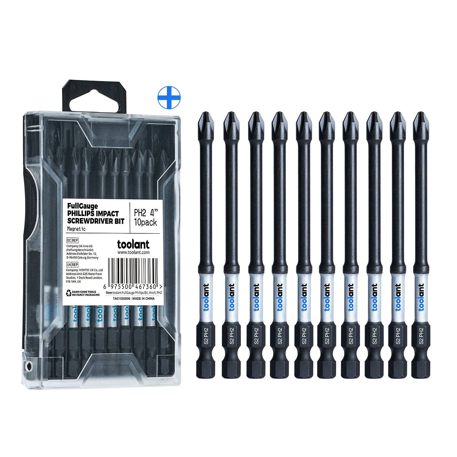 toolant 4 inch Phillips Bit#2 Magnetic Anti Slip Impact Screwdriver Bits Set,10pcs Insert S2 Steel PH2 Driver dit Set with CNC Machined Tips for