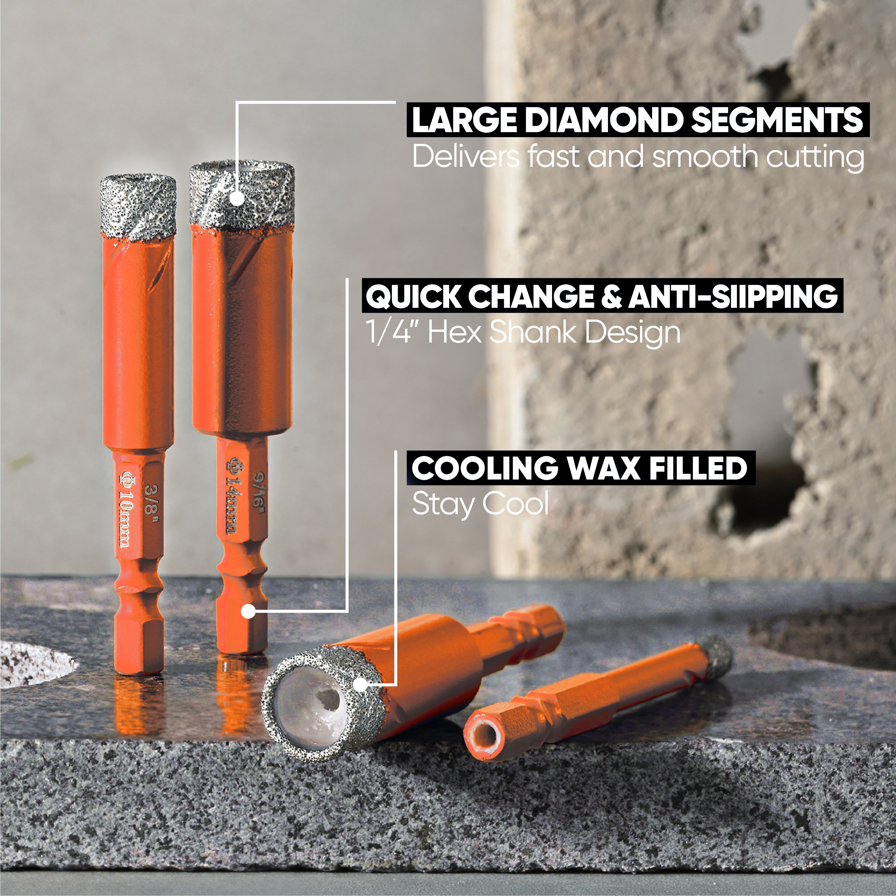 Dry Diamond Drill Bits with Quick Change Hex Shank for Glass Granite Porcelain Tile Ceramic Marble