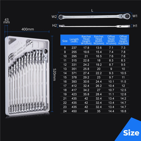 Extra Long Flex Head & Double Box End Ratcheting Wrench Set