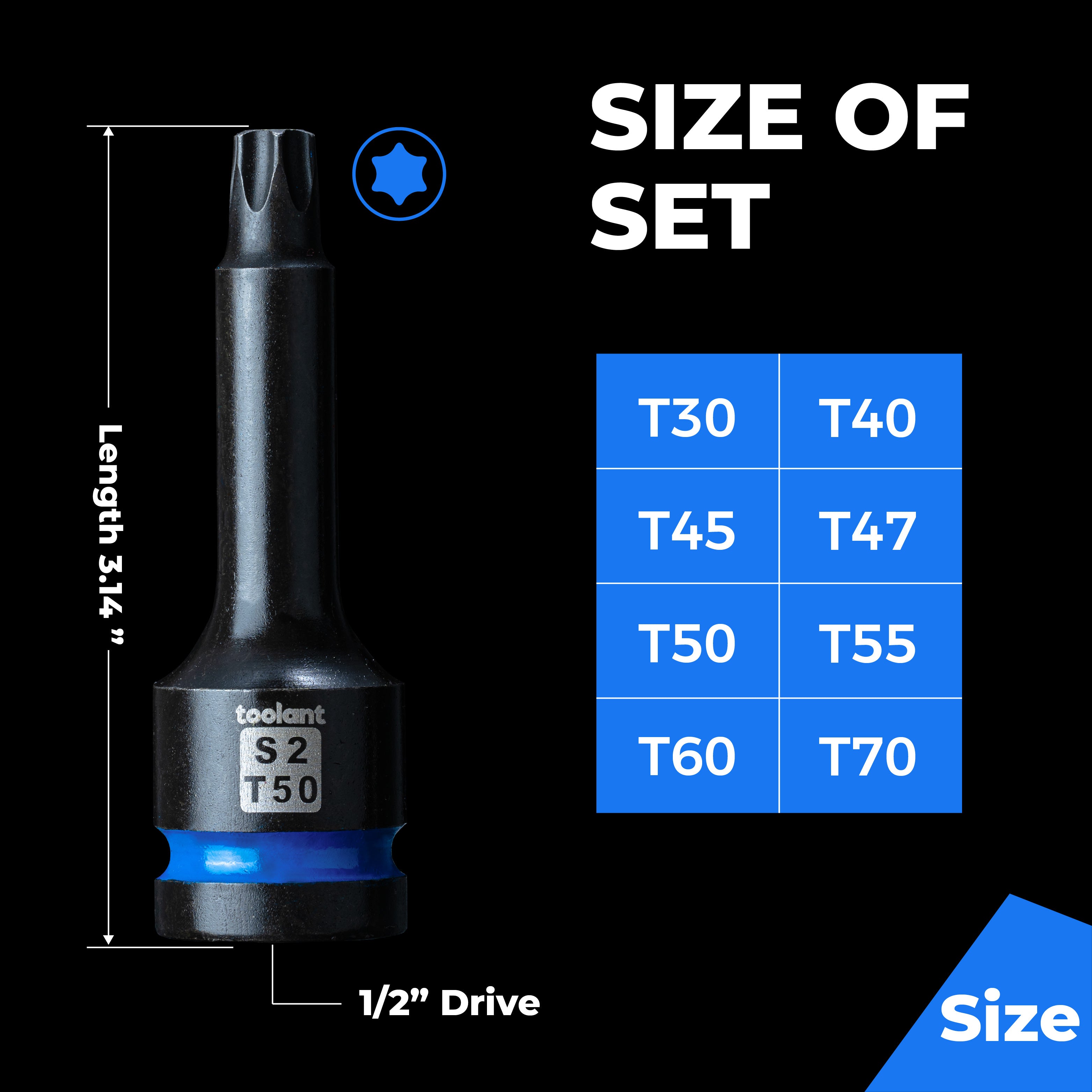 Torx Impact Bit Socket Set, made with 1/2" S2 Steel, for Professional Mechanic & Automotive Repair