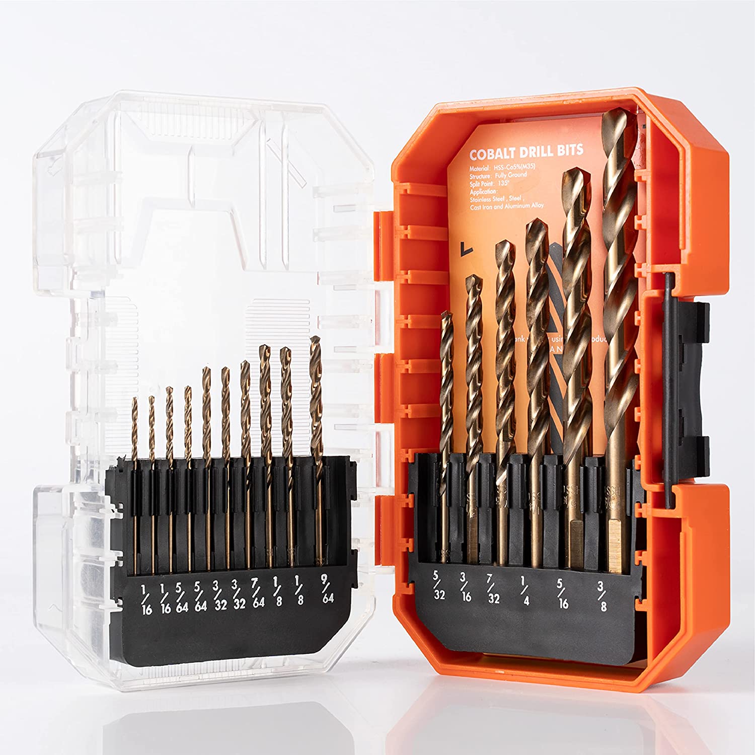 Cobalt Drill Bit Set, M35 High Speed Steel Metal Drill Bits Jobber Length for Hardened Metal