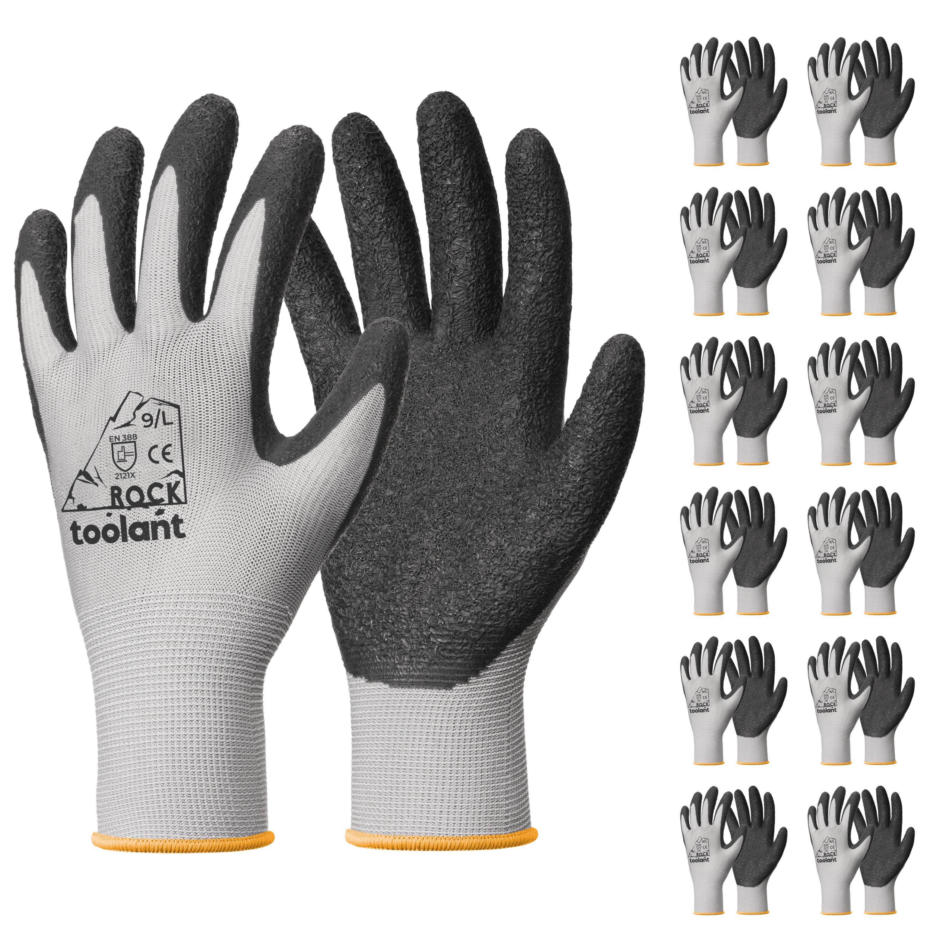 toolant Work Gloves Men, 12 Pairs Crinkle Latex Rubber Gloves for Construction, Gardening, Warehouse (Gray, Large)