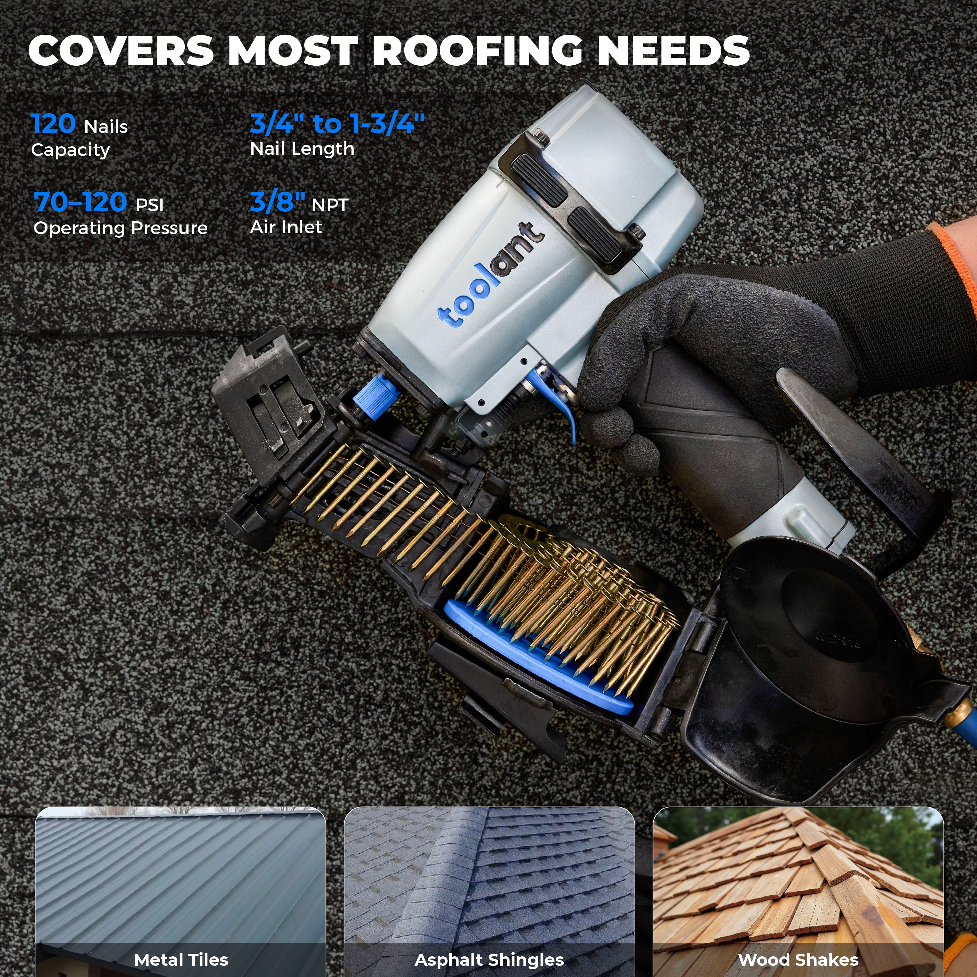toolant Roofing Nailer, Pneumatic Roofing Nail Gun for 3/4" to 1-3/4" Nails