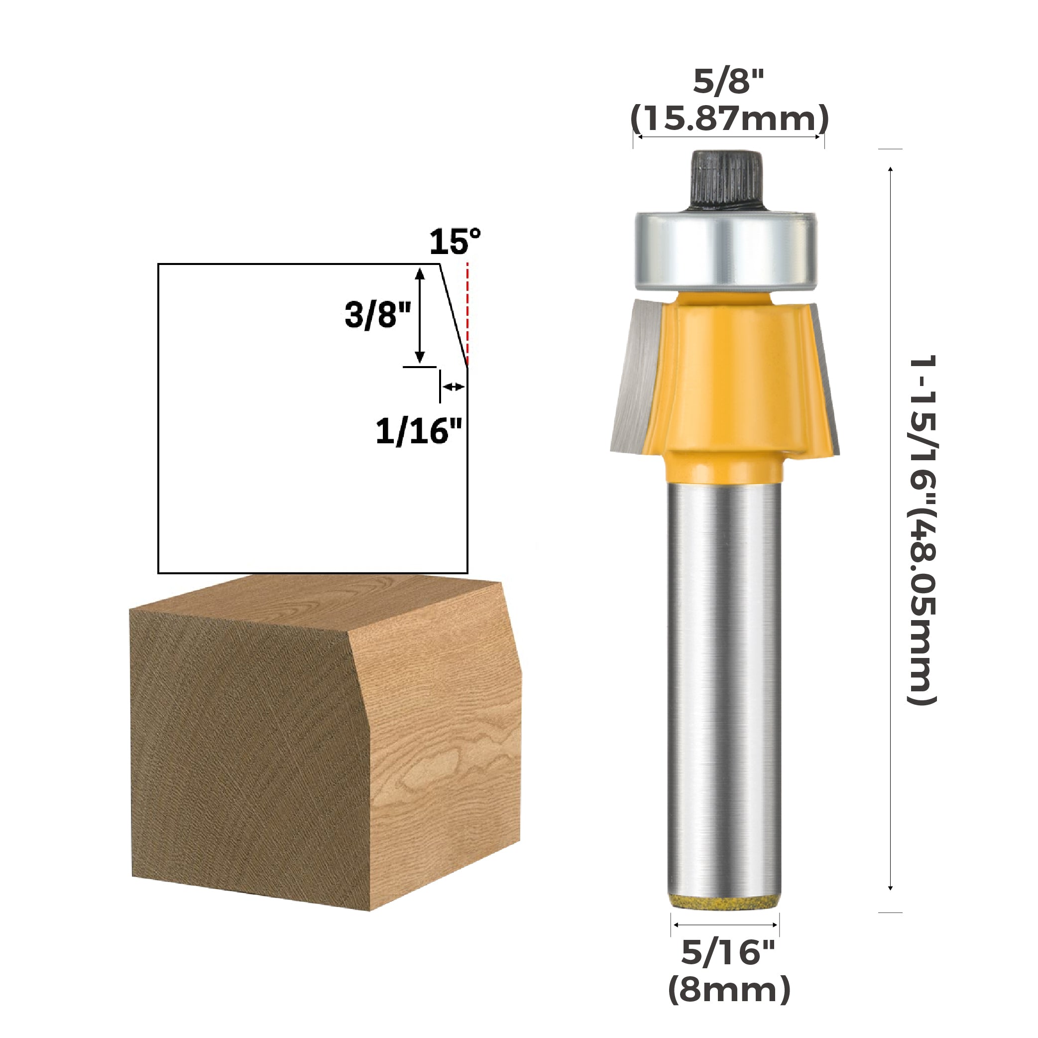 Bevel Trim Router Bits for Edge Forming, 5/16-Inch Shank 5/8-Inch Dia 15 Degree