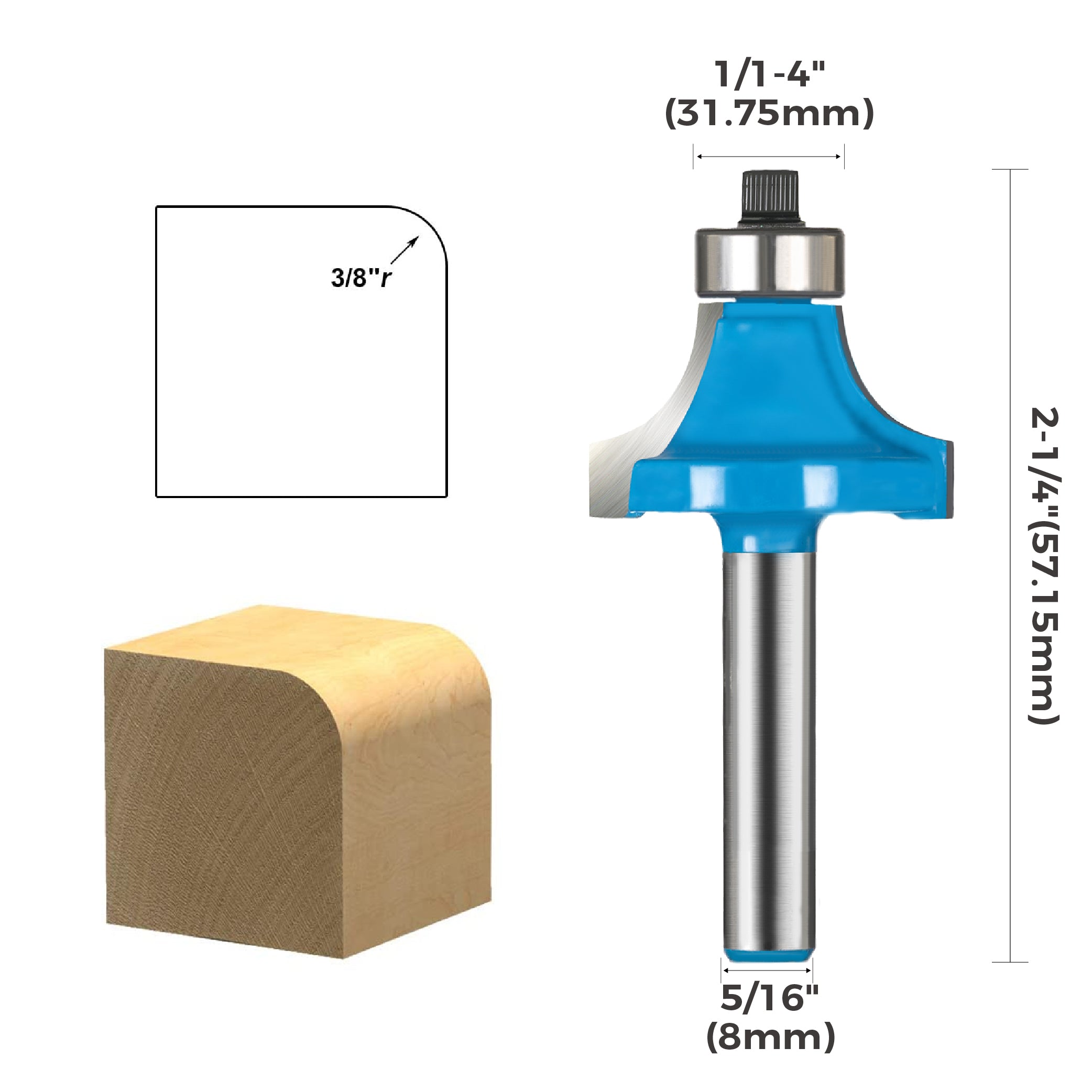 toolant Round Over Router Bits for Edge Forming, 5/16-Inch Shank 3/8-Inch Radius, Carbide-Tipped Milling Cutter for Woodworking