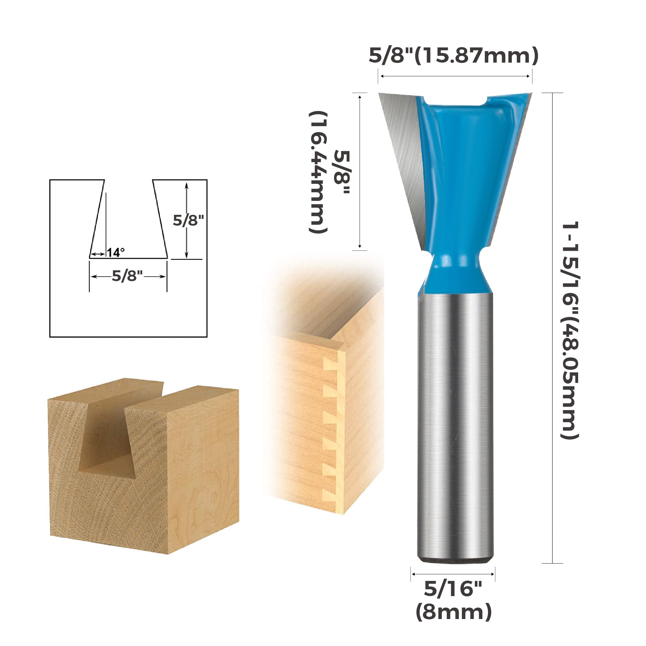toolant Dovetail Router Bits , 5/16-Inch Shank 14 Degree 5/8-Inch, Carbide-Tipped Milling Cutter for Woodworking