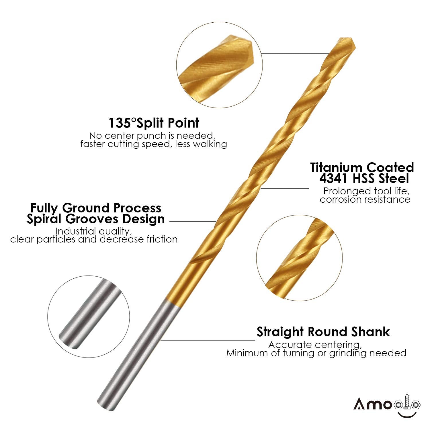 amoolo High Speed Steel Drill Bits, Titanium Coating, for Woodworking