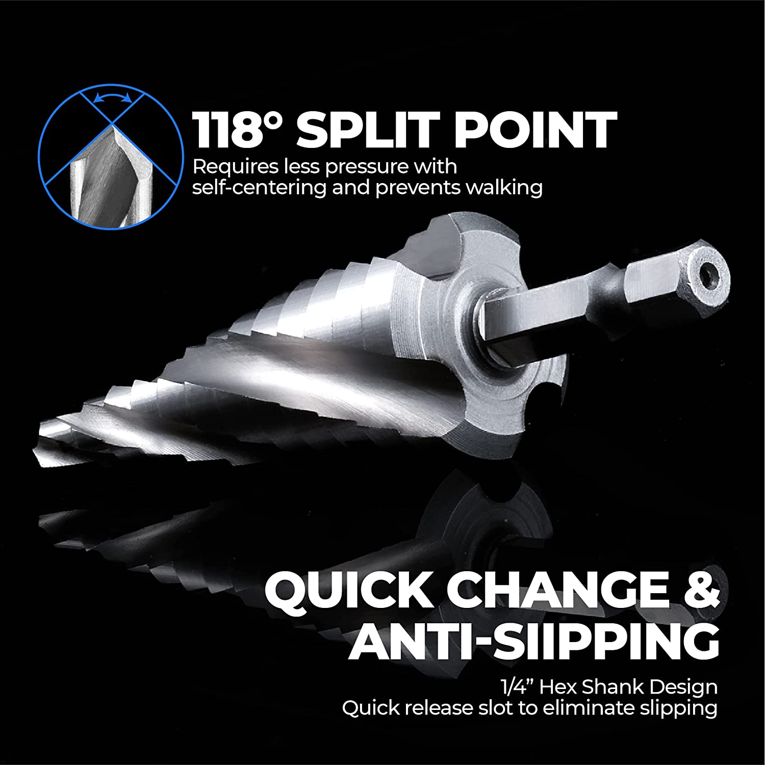 118 degree split point step drill bits