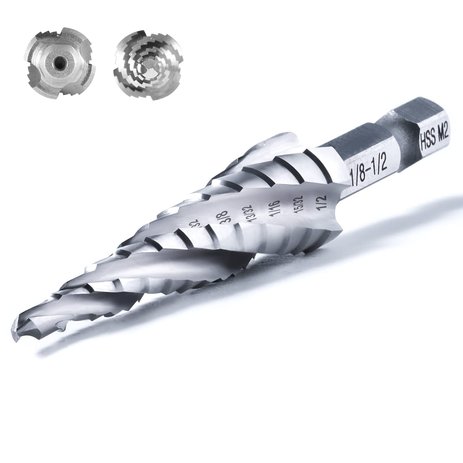 1/4" Hex Shank M2 HSS Four Spiral Flute Step Drill Bits for Metal, Wood, Plastic