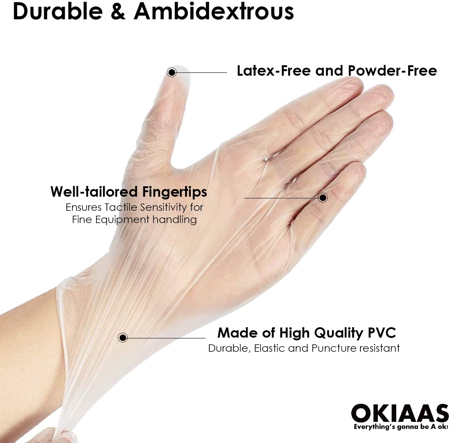 OKIAAS 100 Count Clear Vinyl Disposable Gloves, 3 mil, Latex Free,