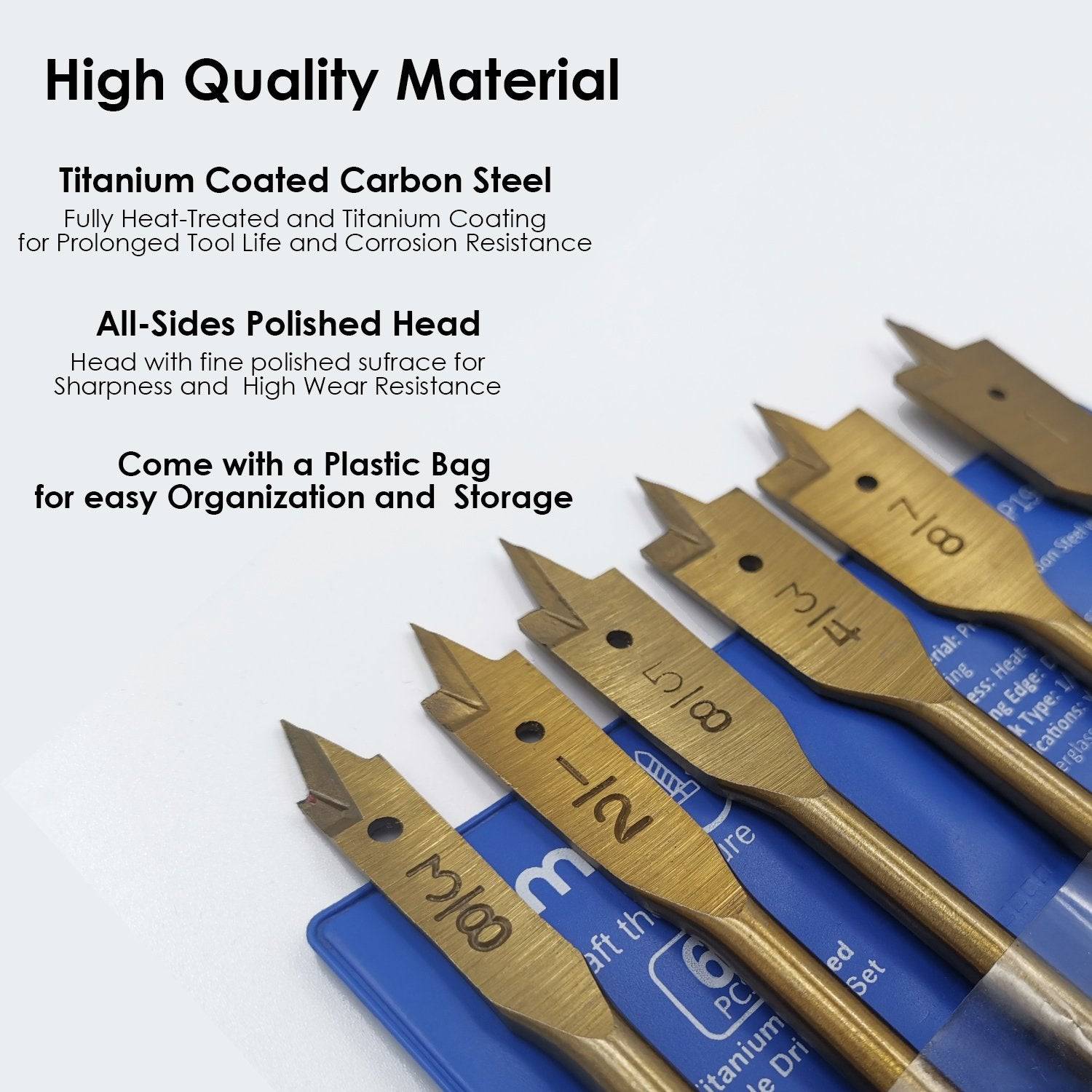 amoolo High Carbon Steel Wood Spade Drill Bit Set, Titanium Coating, for Woodworking, 6 Pieces