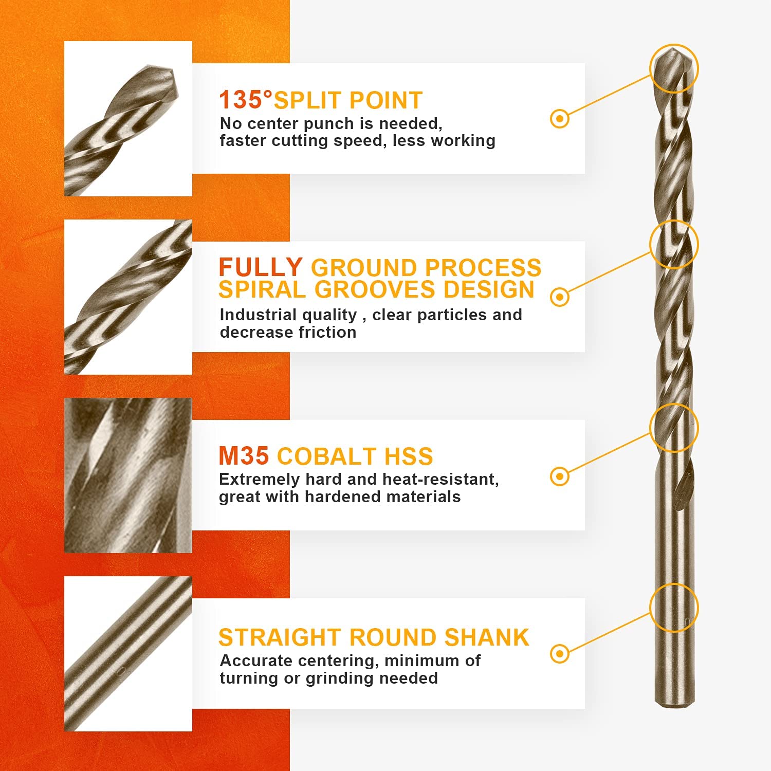 AugTouf Cobalt Twist Drill Bits, High Speed Steel, for Hardened Metal, Stainless Steel