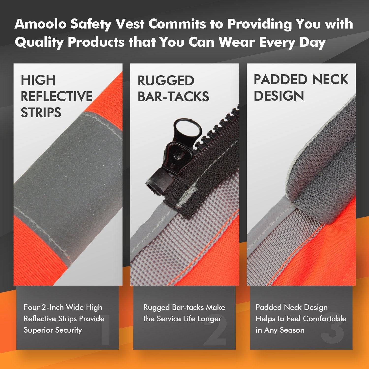 amoolo High Visibility Reflective Safety Vest, 9 Pockets and Padded Neck