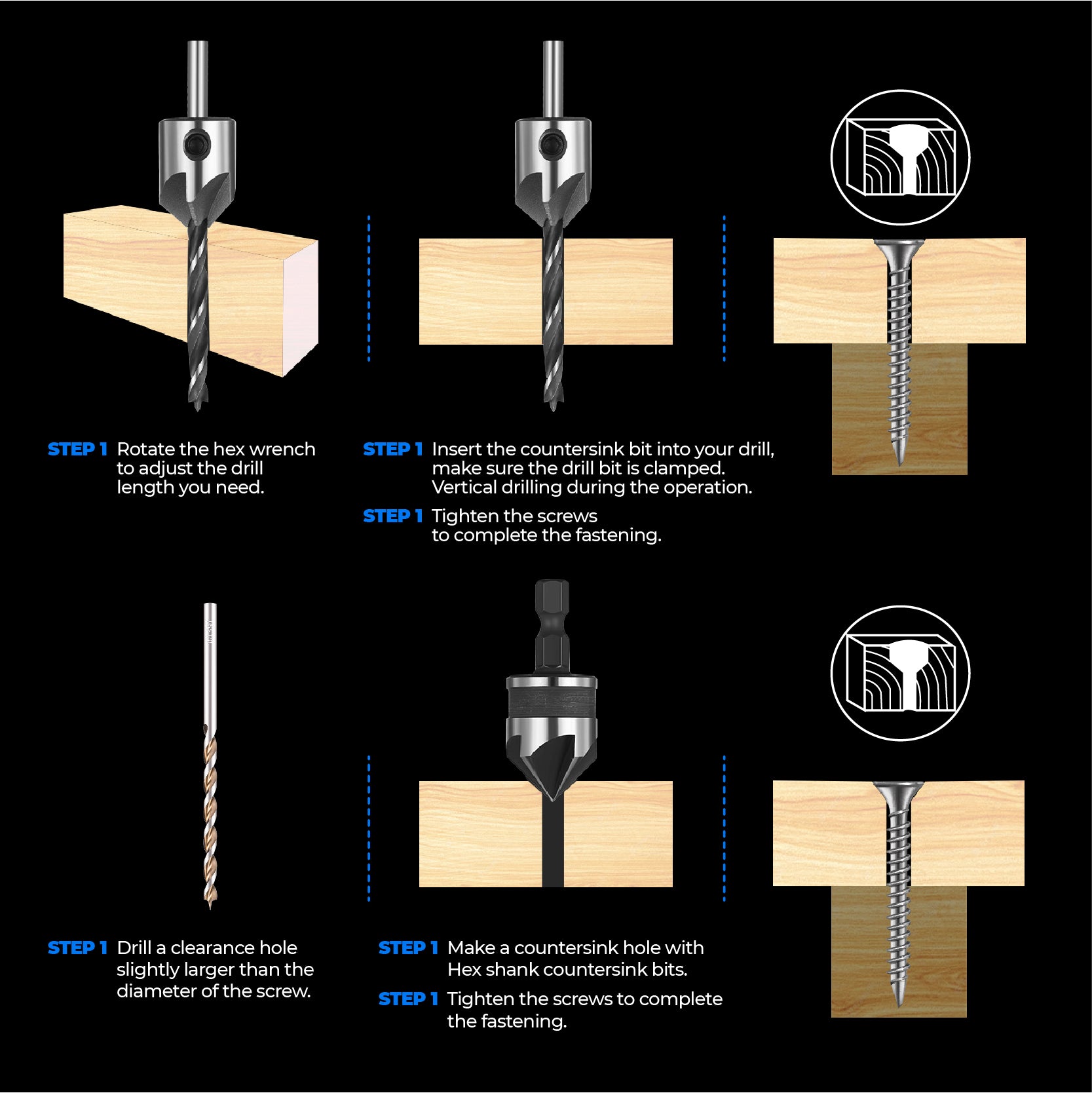 How to use a High Carbon Steel Countersink Drill Bits Set, Double Flutes, for Woodworking