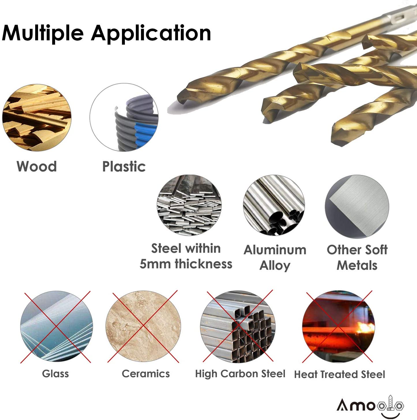 amoolo High Speed Steel Hex Shank Twist Drill Bits Set with Titanium Coating