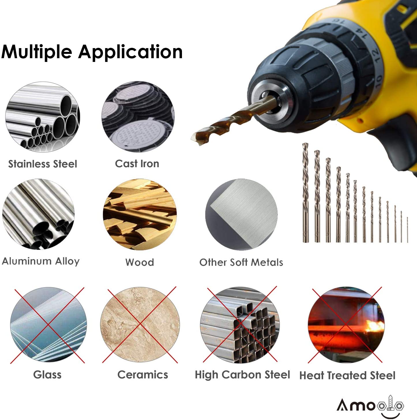 amoolo Cobalt Twist Drill Bits, High Speed Steel, Woodworking, Multiple Choice