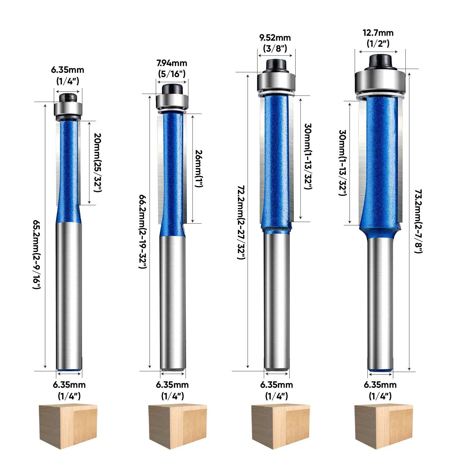 1/4'' Shank Flush Trim Router Bits, Carbide Template Top Bearing Flush Trim Bits Set, Handy, Durable & Sharp, Prevent Tear-Out