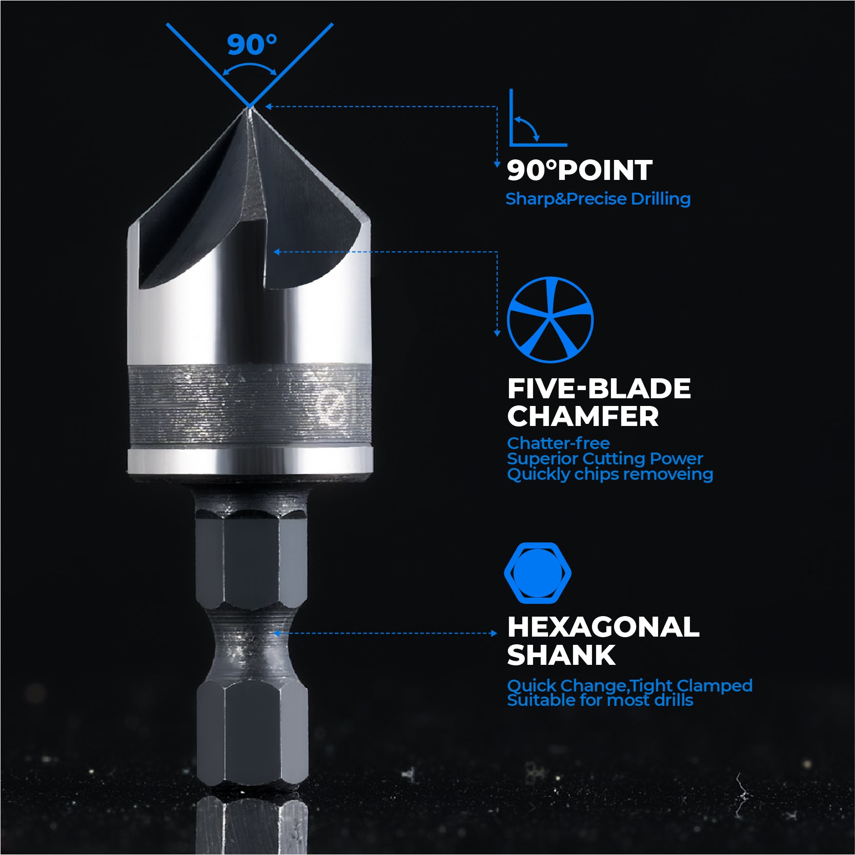 High Carbon Steel Countersink Drill Bits Set, Double Flutes, for Woodworking with 