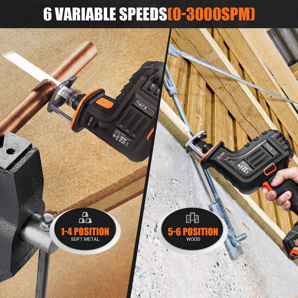 TACKLIFE Reciprocating Saw, One-Hand Design, 20V MAX Lithium Battery & Charger, 0~3000SPM Variable Speed