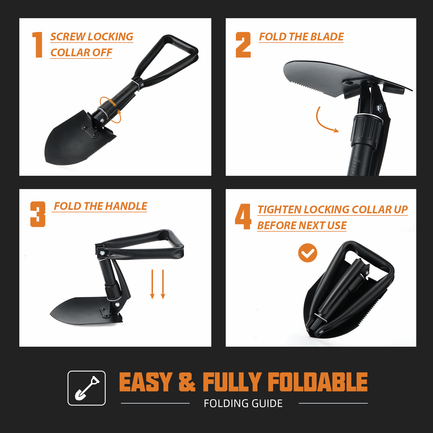 AugTouf Folding Survival Shovel, for Off Road, Camping, Gardening, Beach, Digging Dirt