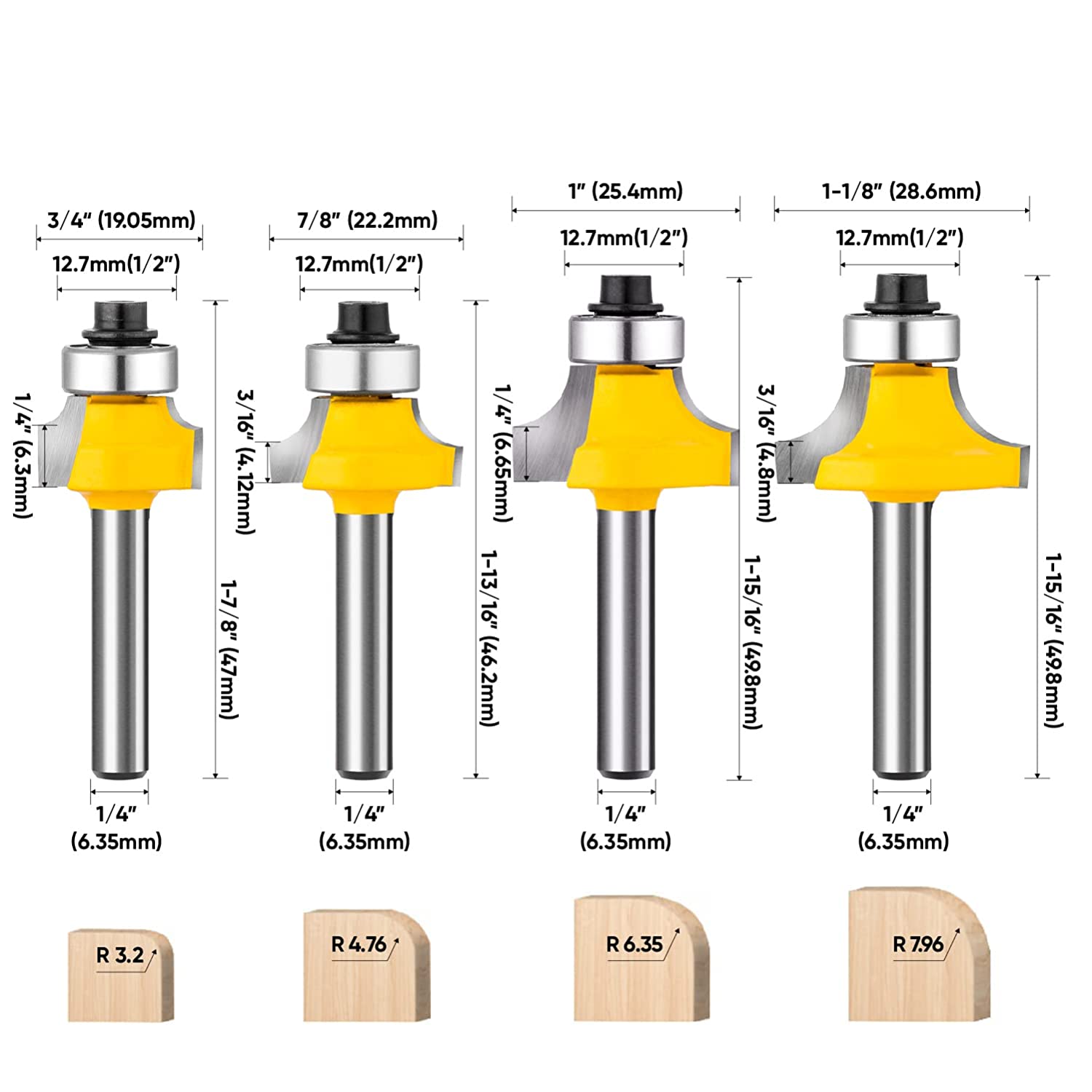 AugTouf Router Bit Set, 1/4" Shank Roundover Edging Router Bit Set 4pcs, for Wood Milling