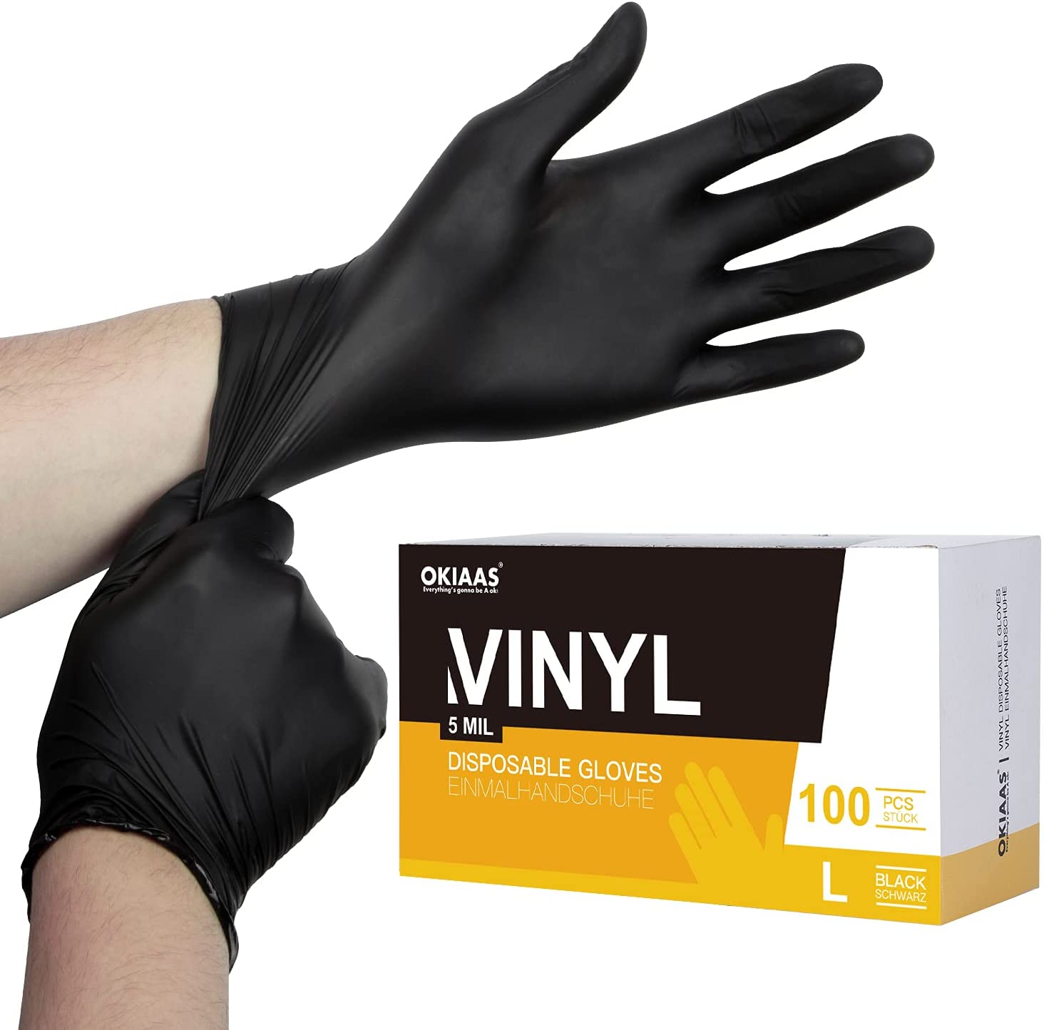 OKIAAS 100 Count Black Vinyl Disposable Gloves, 5 mil, Latex Free