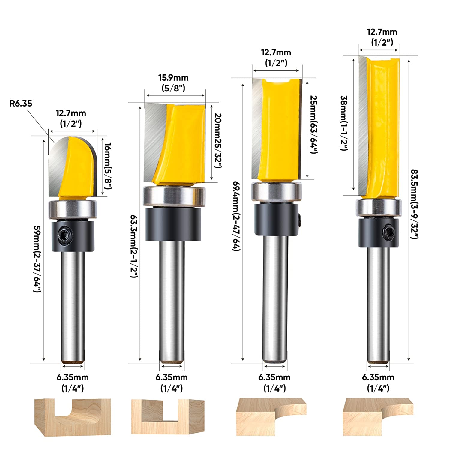 1/4'' Shank Flush Trim Router Bits, Carbide Template Top Bearing Flush Trim Bits Set, Handy, Durable & Sharp, Prevent Tear-Out