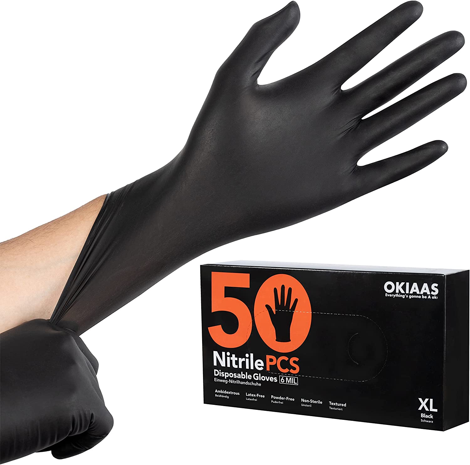 OKIAAS 50pcs Black/Orange Nitrile Disposable Gloves, 6 Mil, for Heavy Duty, Latex Free and Powder Free