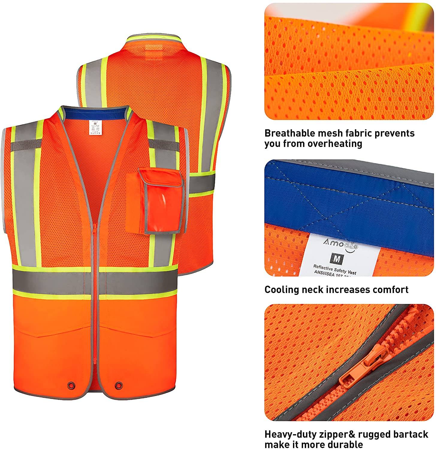 amoolo Mesh High Visibility Reflective Safety Vest with Pockets, Meets ANSI/ISEA Standards