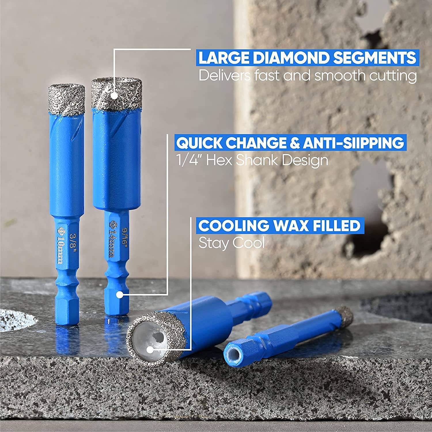 amoolo Dry Diamond Drill Bits with Quick Change Hex Shank for Glass Granite Porcelain Tile Ceramic Marble