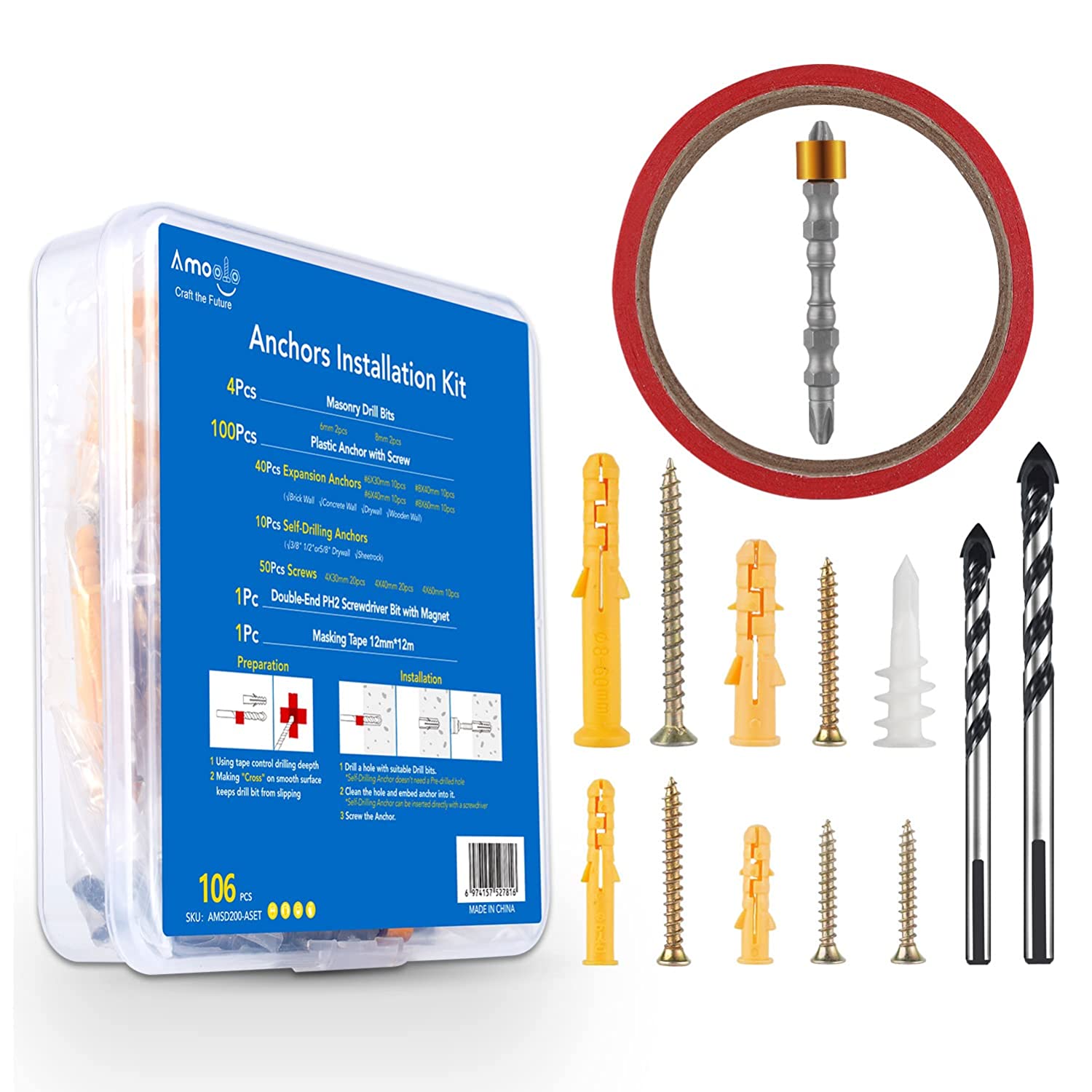 Masonry Drill Bit with Concrete Anchors and Screws Kit