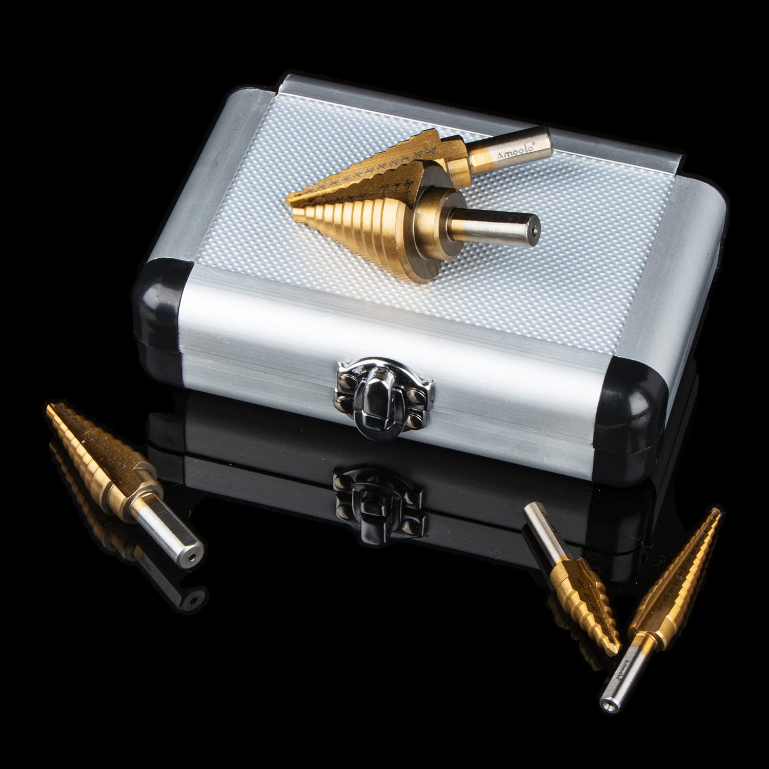 amoolo Titanium Step Drill Bit Set, Total 50 Sizes, 1/4" Hex Shank Unibit for Soft Metal Sheet, Wood, Plastic, Multiple Hole Drilling Cone Bit Set