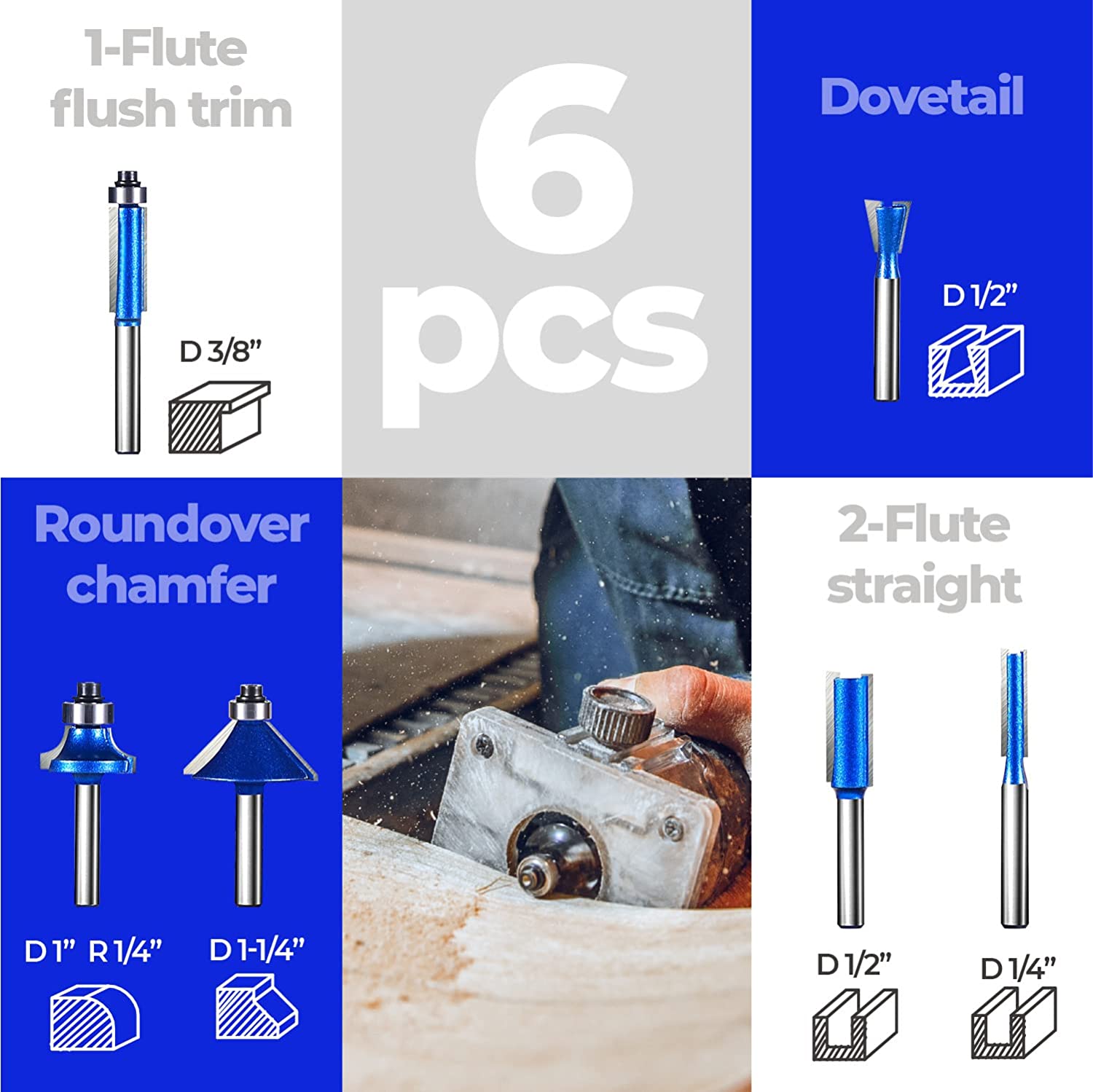 Augtouf Carbide Tip 1/4” Shank Router Bit Set 6pcs