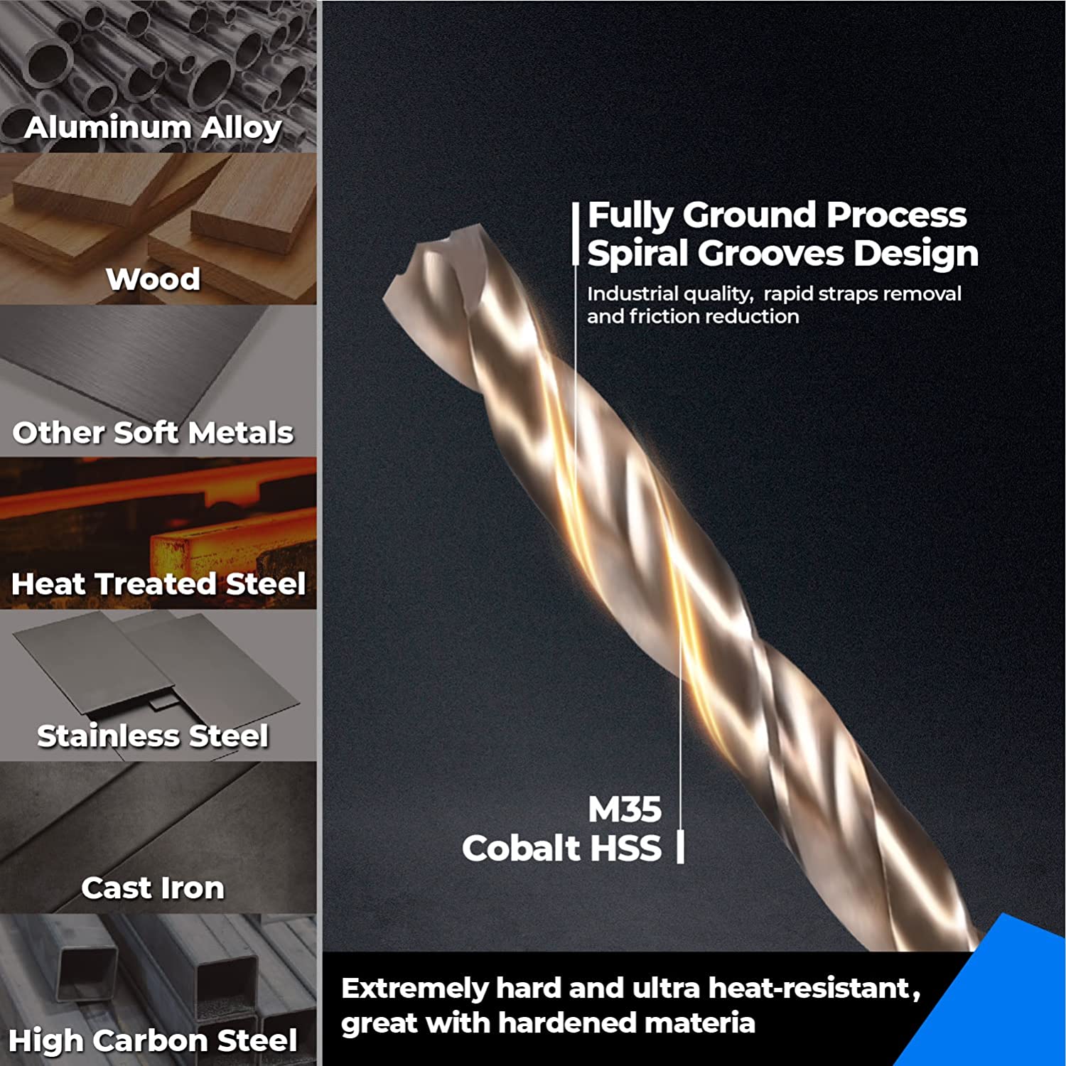 AugTouf M35 High-Speed Steel Tri-Tip Cobalt Drill Bits 5Pcs