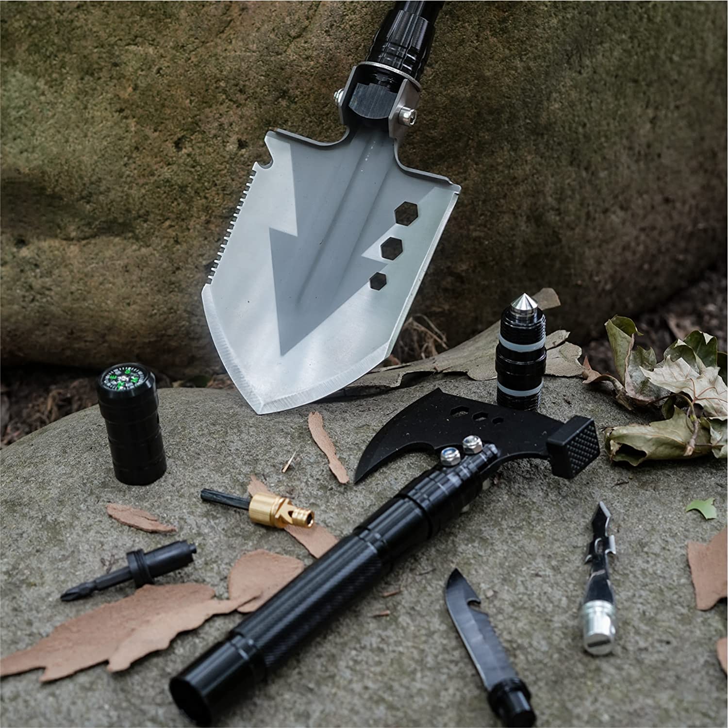 Survival Tactical Shovel, Tough Folding Camping Military Entrenching Tool for Off Road, Digging, Hiking, Car Emergency Multitool with Portable Case