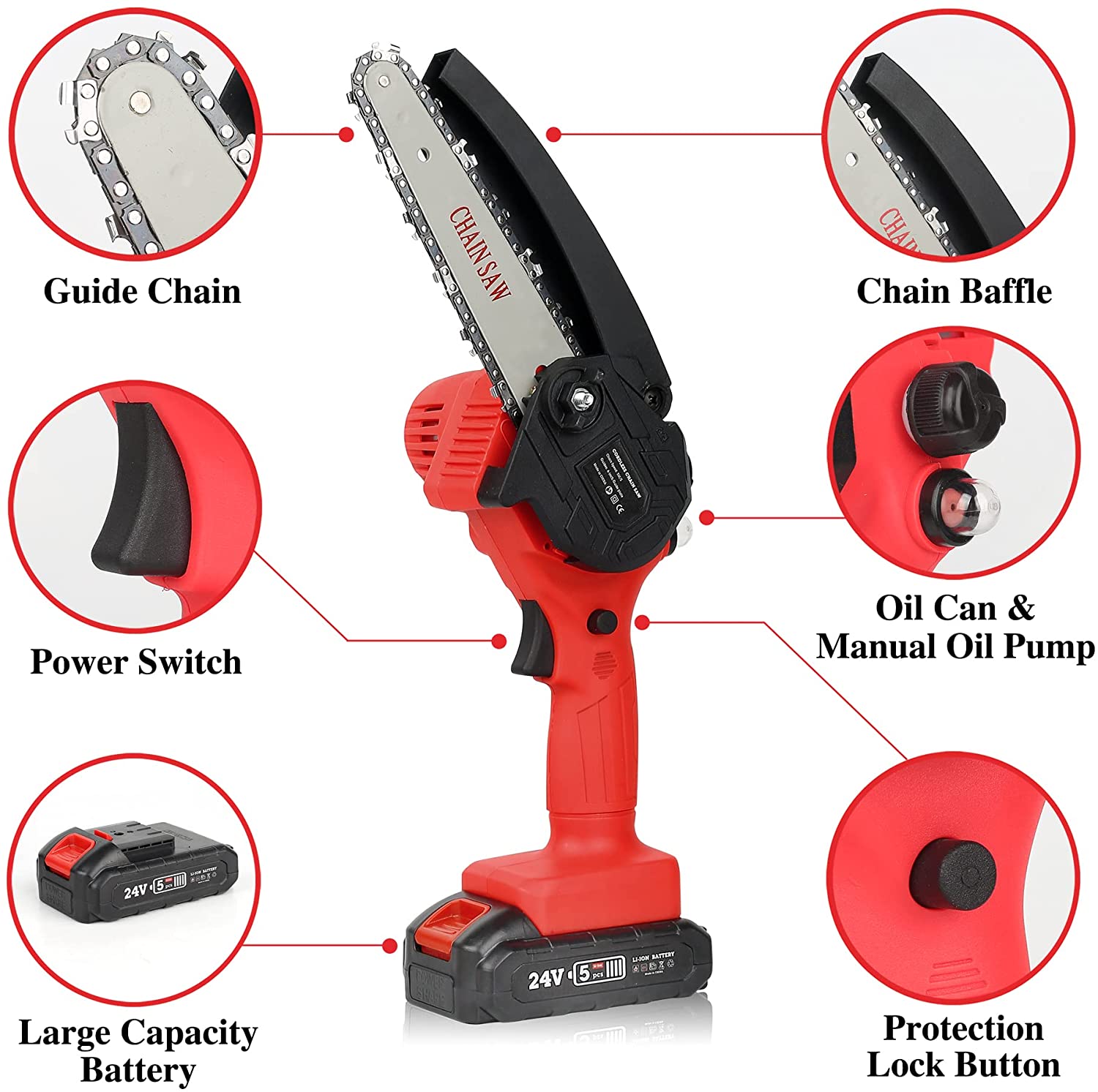 6 Inch 21V Electric Mini Chainsaw with 2 Batteries, for Woodworking, Pruning & Gardening
