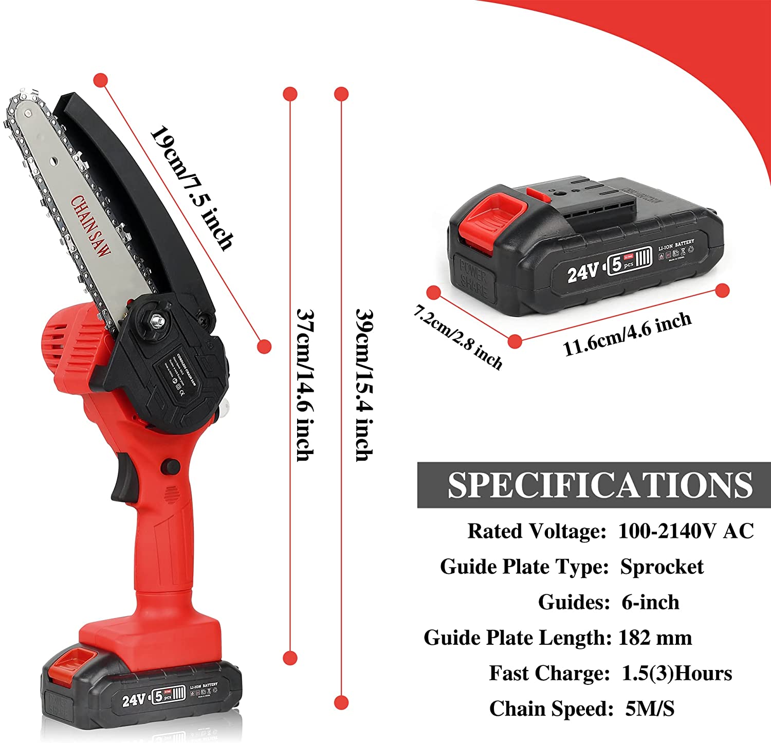 Mini Chainsaw 6-Inch Electric Cordless Chainsaw with 2 Chains