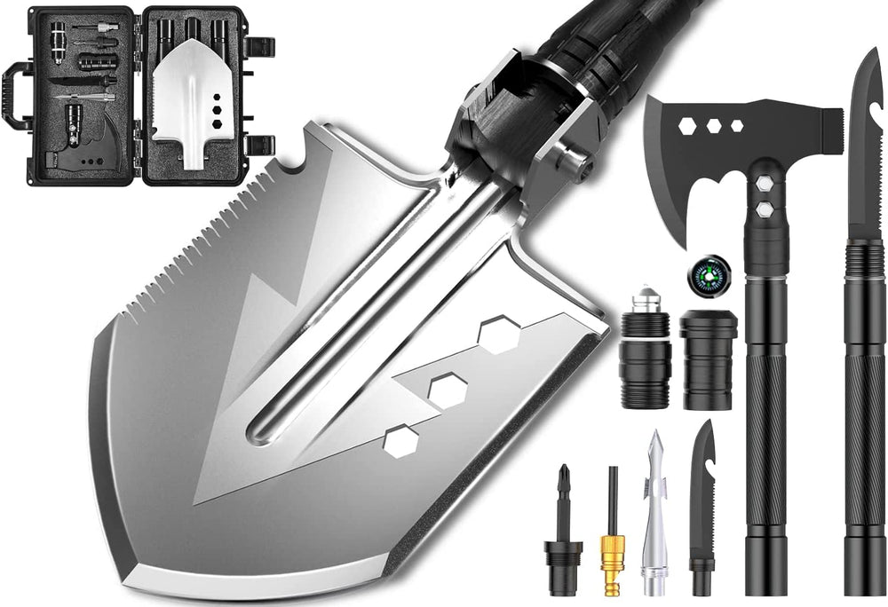 Survival Tactical Shovel, Tough Folding Camping Military Entrenching Tool for Off Road, Digging, Hiking, Car Emergency Multitool with Portable Case