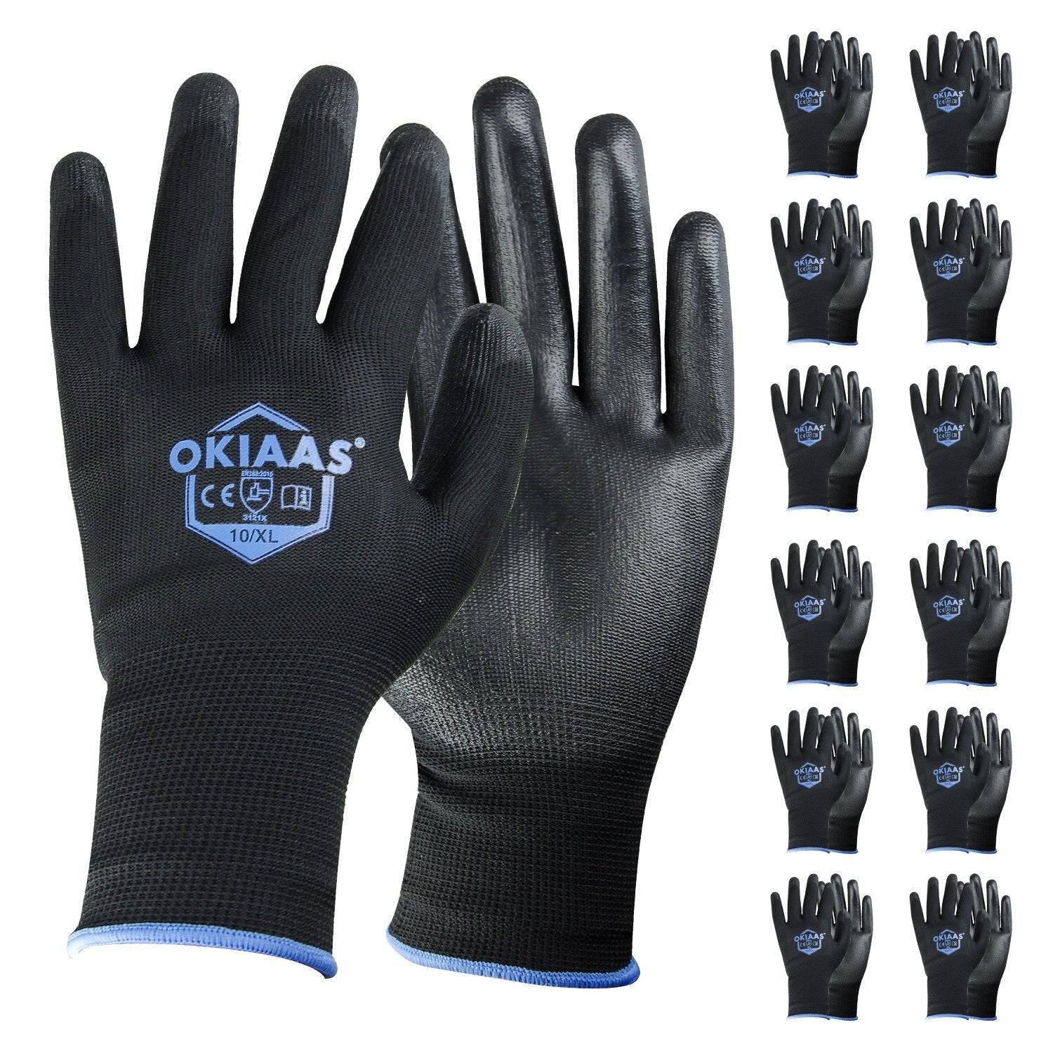 OKIAAS 12 Pairs Safety Work Gloves with PU Coated, for Mechanic, Warehouse, Gardening