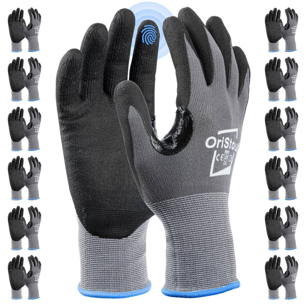 OriStout Micro Foam Nitrile Coated Safety Work Gloves, 4/12 Pairs, Grey