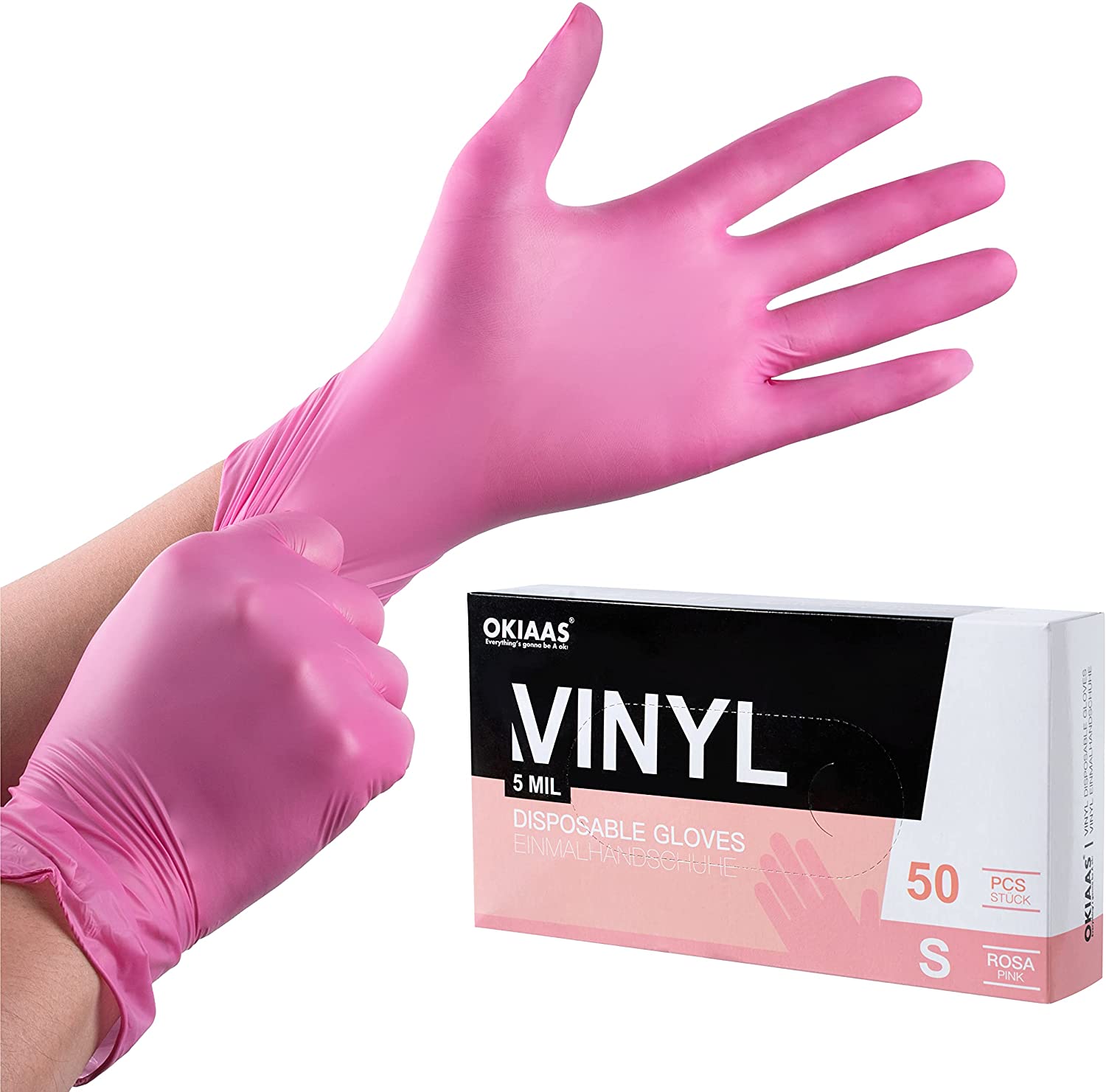 OKIAAS 50/100 Count Pink Vinyl Disposable Gloves, 5 mil, Latex Free