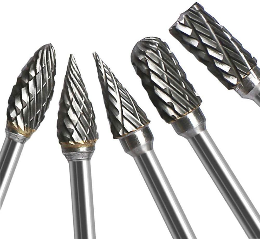 Double Cut Carbide Rotary Burr Set, 10 Pcs 1/8" Shank, Tungsten Steel for Woodworking,vDrilling, Metal Carving, Engraving, Polishing