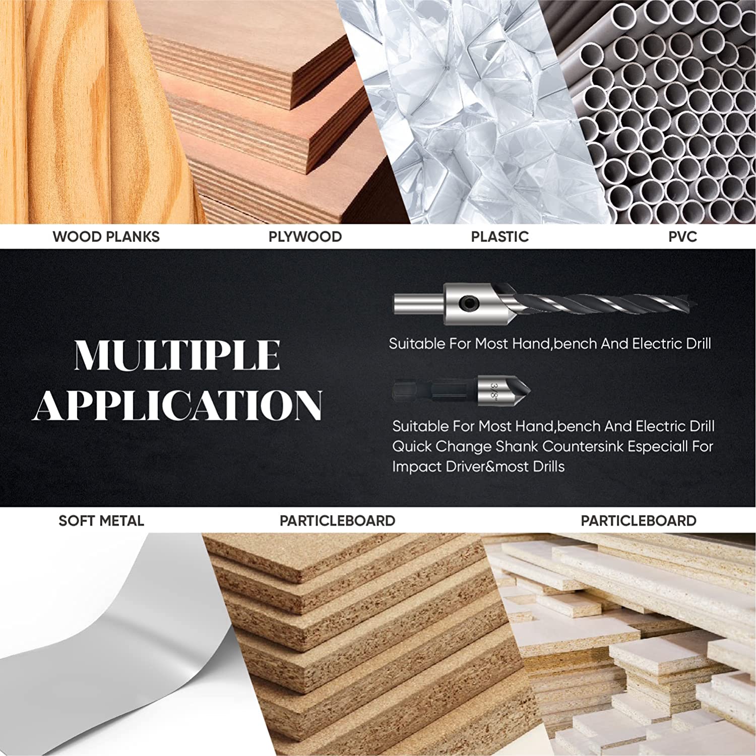 amoolo Countersink Drill Bit Set 7pcs, 4Pcs High Carbon Steel Countersink Drill Bits for Wood, 3 Pcs Hex Shank Wood Countersink Bits