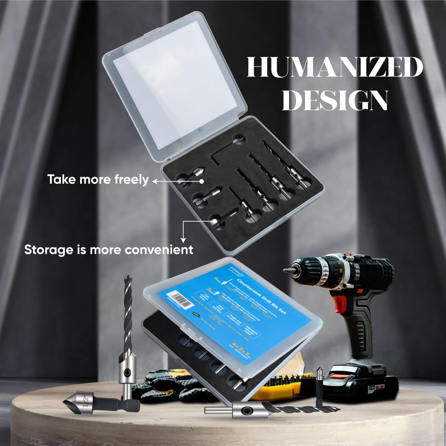 amoolo Countersink Drill Bit Set 7pcs, 4Pcs High Carbon Steel Countersink Drill Bits for Wood, 3 Pcs Hex Shank Wood Countersink Bits