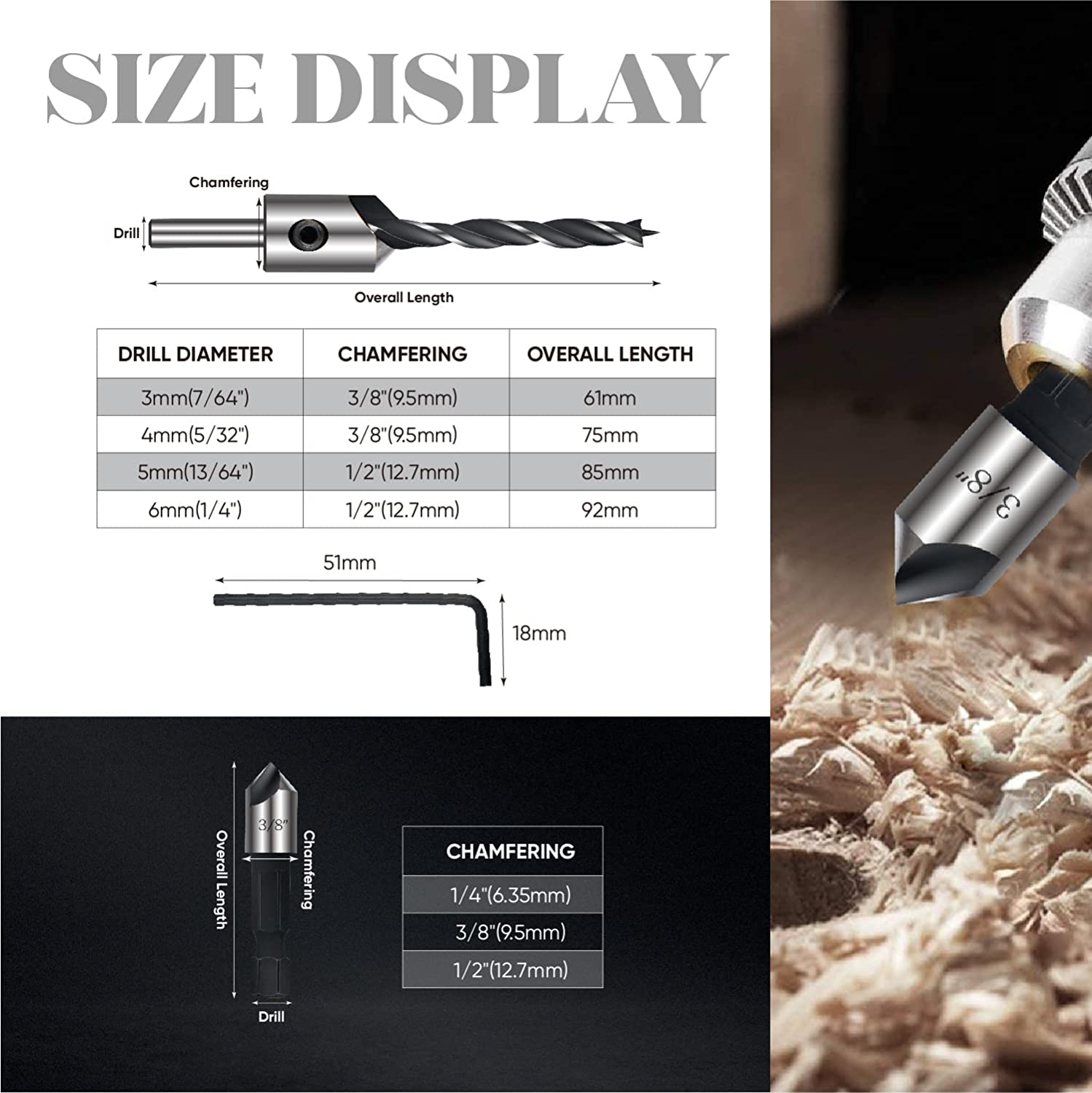 amoolo Countersink Drill Bit Set 7pcs, 4Pcs High Carbon Steel Countersink Drill Bits for Wood, 3 Pcs Hex Shank Wood Countersink Bits