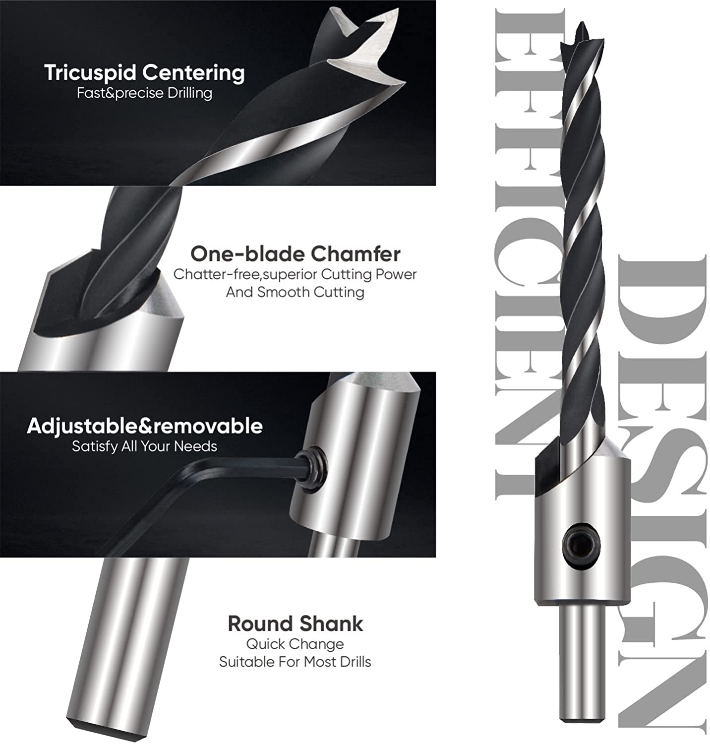 amoolo Countersink Drill Bit Set 7pcs, 4Pcs High Carbon Steel Countersink Drill Bits for Wood, 3 Pcs Hex Shank Wood Countersink Bits