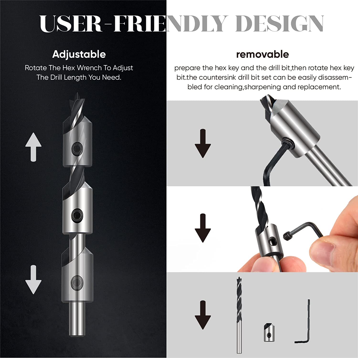 amoolo Countersink Drill Bit Set 7pcs, 4Pcs High Carbon Steel Countersink Drill Bits for Wood, 3 Pcs Hex Shank Wood Countersink Bits